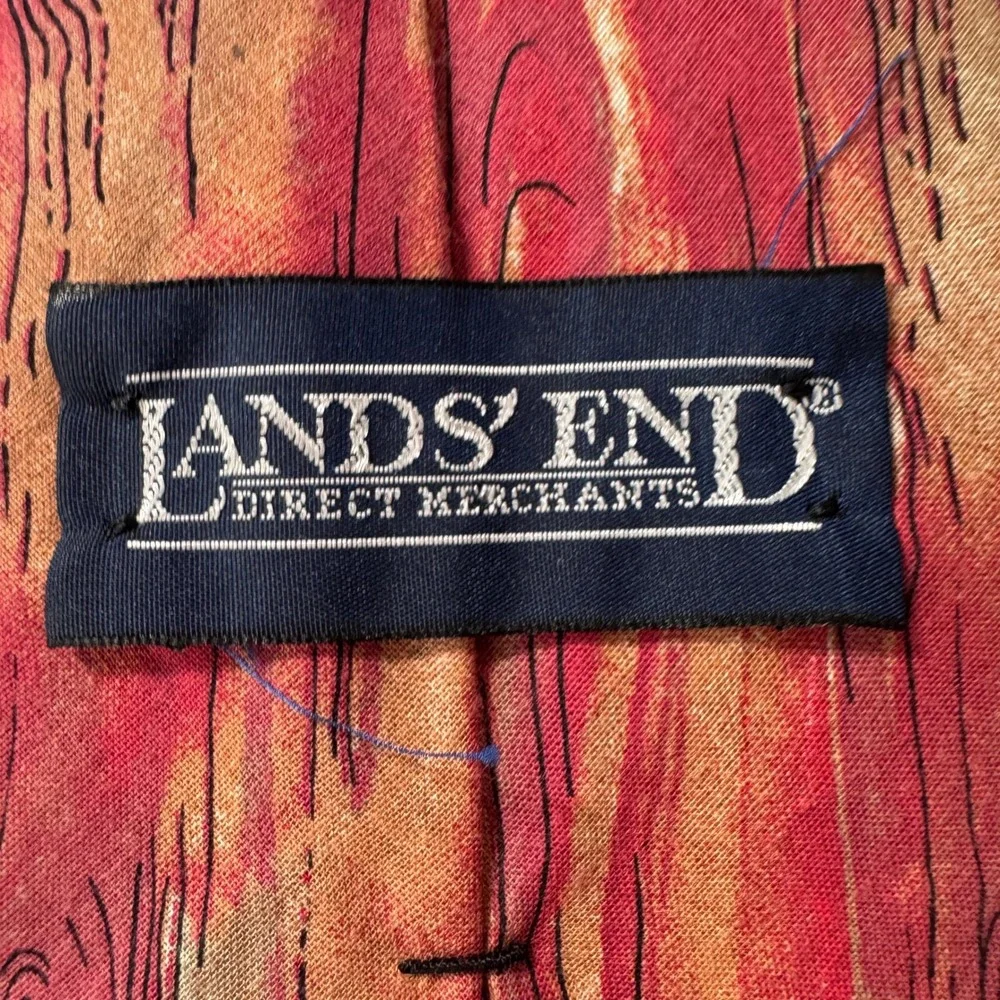 Lands End Mens Vintage Baseball Dugout Graphic Cotton Necktie Red Orange USA